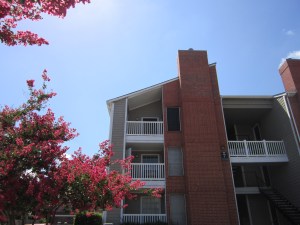 Not scary. Top floor, corner unit. It's peaceful. Summer quiet (students gone) or all the time quiet, I don't know, but it's lovely!