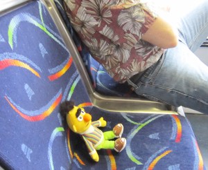 Bert sitting next to Callaghan on the 1M, going downtown. Keeping Austin Weird.