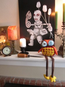 Close-up of Callaghan's bizarre 3-D piece ("Antix"), the antique ice-pick and the owl.