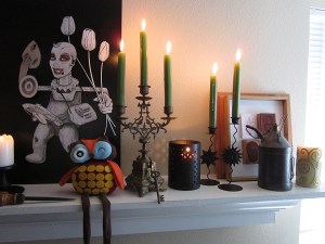 Close-up of the right side. The gorgeous candelabra is a gift from Dude in France. The antique brass key on it is a gift from Catherine, also in France. The art on the end is a framed set of rubber stamps designed and carved by Callaghan.