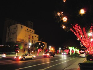 The street-side building of Hayden Mill at night. 