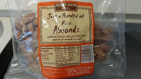 Big bag of smaller, individually-wrapped portions of raw almonds... measuring not required. =)
