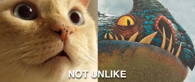 Nounours on the left. Dragon from "How to Train Your Dragon 2" on the right. NOT UNLIKE.