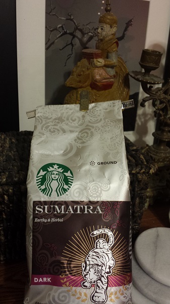 Ground Sumatra coffee beans from Starbucks.