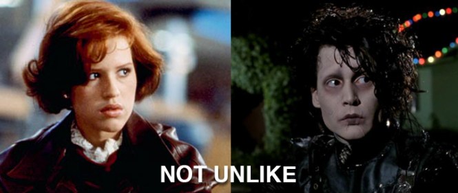 Molly Ringwald in The Breakfast Club on the left. Johnny Depp as Edward Scissorhands on the right. NOT UNLIKE.