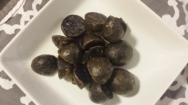 Roasted purple potatoes.