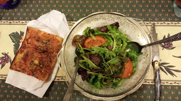 Salad at Mamie's house (Callaghan's grandmother): Mixed greens and tomatoes in another homemade vinaigrette, this one with garlic.)