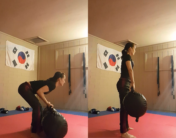 Upright rows on the left, deadlifts on the right.