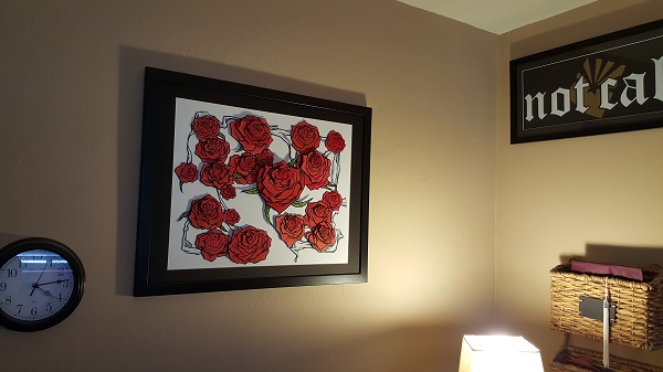 Desk corner detail: Valentine's Roses 2014, original art by Callaghan "not cal" by Not Cal, California ex-pats in Arizona