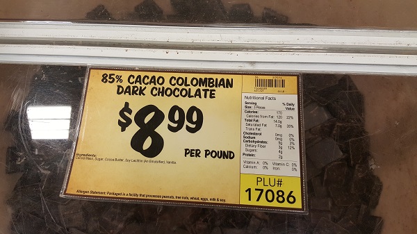 Colombian dark chocolate in the bulk bin at Sprouts